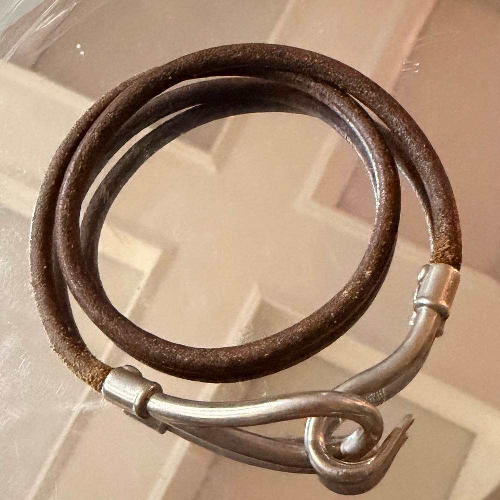 HERMES Jumbo Hook Double Tour Bracelet silver Hardware & Brown Leather